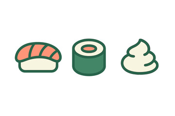 Minimalist icon set of traditional Japanese cuisine items including nigiri maki roll and wasabi