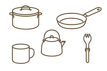Set of essential outdoor cooking equipment line drawings: pot, pan, kettle, and mug