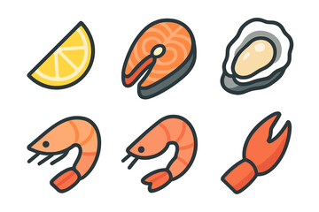 Fresh seafood icons set featuring salmon steak, shrimp, oyster, and crab claw
