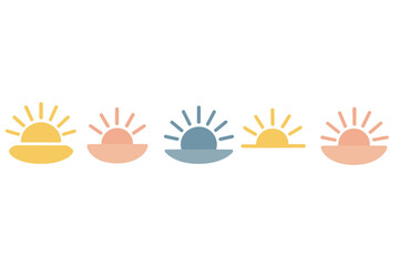 Minimalist set of five stylized sun and sunrise icons in pastel colors