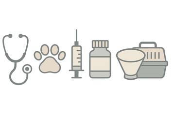 Collection of essential veterinary medical supplies and pet care equipment symbols