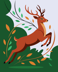 Leaping Deer with Autumn Leaves Vector Illustration.