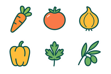 Colorful outline set featuring common vegetables and fresh produce items such as carrot, tomato, onion, pepper, and olives