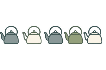 Horizontal row of simple kitchen kettles in earthy colors