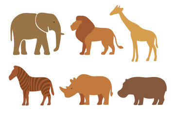 Stylized African safari animals collection featuring elephant lion giraffe zebra rhino and hippo