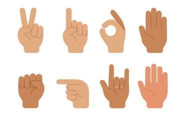 Collection of diverse skin tone hands showing various common gestures and signs