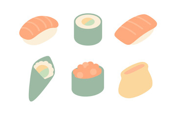 Minimalist isometric set of different sushi pieces including nigiri maki temaki and gunkan