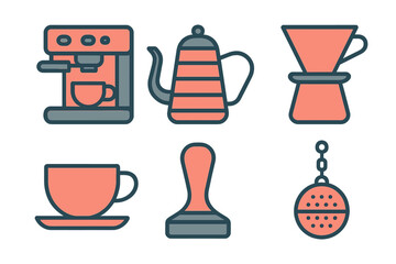 Set of essential coffee and tea preparation equipment icons including espresso machine and pour over brewer