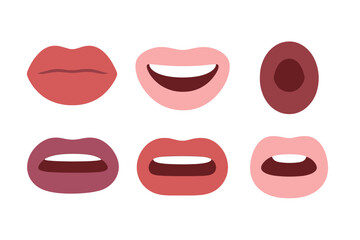 Six different stylized female lips showing various expressions and shades of lipstick