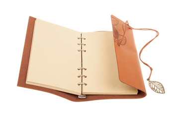Open leather-bound journal with blank pages on white background. Handmade notebook for writing, sketching and creative planning