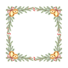 Christmas round jingle bells with bow on spruce tree branch. Vintage winter frame hand drawn watercolor illustration. New Year decorating on Pine, Fir twig. Template with copy space for greeting card.