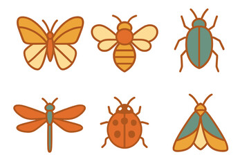 Assortment of colorful nature bugs and flying creatures in a simple graphic style