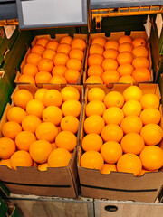Fresh ripe oranges in cardboard boxes for sale at a supermarket. Healthy eating, vitamin C, and grocery shopping concept.