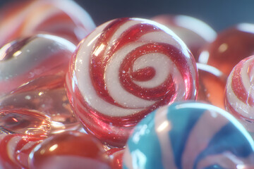 close up view of glowing transparent candies captured in detailed photorealistic macro style with vibrant lighting design