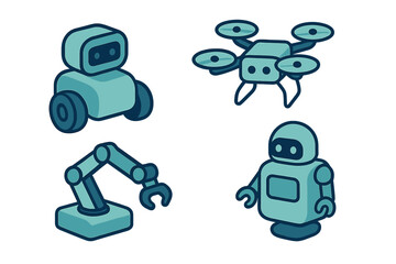 Isometric technology icons set featuring robots, drone, and automated mechanical arm