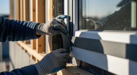 Installation of membrane tape around window frames in a passive house preventing drafts and improving overall building envelope integrity.
