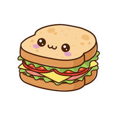 Cute Kawaii Sandwich Cartoon Character – Adorable Breakfast Food Illustration
