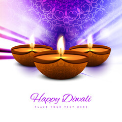 Happy Diwali Festival Celebration Background with Traditional Glowing Diyas, Elegant Greeting Text, and Rich Purple Decorative Backdrop for Indian Festival of Lights Card Design