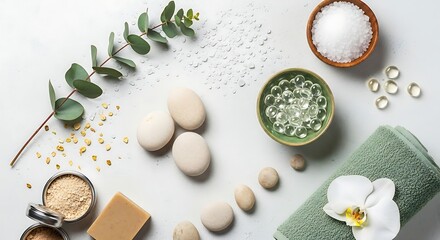 Fototapeta premium Serene Spa Flat Lay - Eucalyptus, Stones, Bath Salts, and Orchid for Ultimate Relaxation.