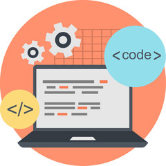 Coding Illustration Featuring Laptop Computer Gears and Code Snippets with a Orange Circular Background