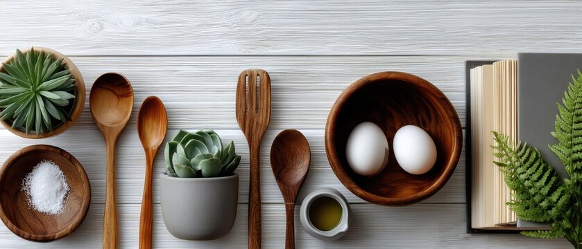 Bright spices in wooden spoons surround a blank recipe book on a table, ready for culinary inspiration and delicious cooking adventures