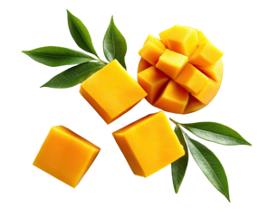 Mango cubes, slices, and leaves