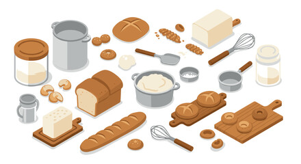 Isometric bakery essentials with bread, kitchen tools, and ingredients