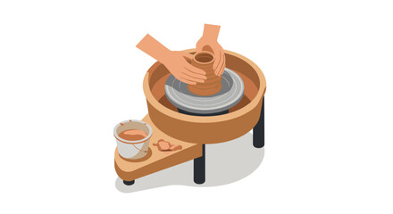 Isometric pottery making scene with hands shaping clay on wheel
