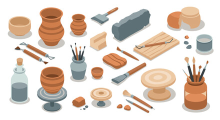 Isometric pottery studio tools and materials set in earth tones