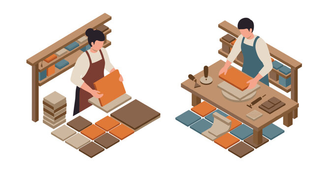 Isometric bookbinding workshop scene with skilled artisans crafting handmade books