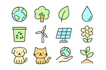 Collection of cute hand drawn eco friendly icons on transparent background isolated on transparent background