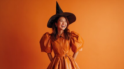 Young Asian woman wearing glam leather vibrant orange Halloween costume and witch's hat, against empty background with copy space, AI generated