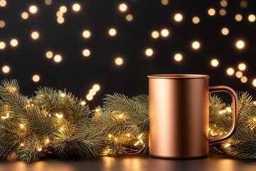 Copper mug with mulled wine and festive pine branches and golden lights on dark holiday background.