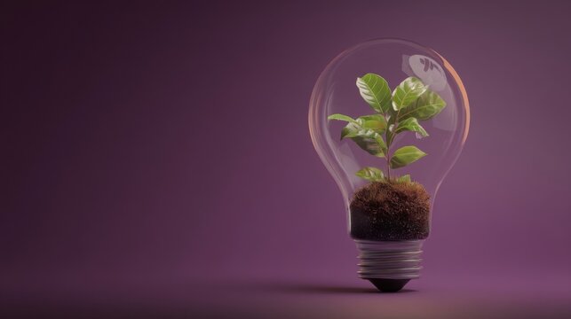A glowing light bulb with a small green plant sprouting inside, symbolizing innovation and sustainability,