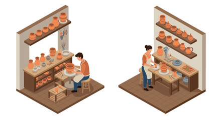 Pottery studio isometric design with craftsman and woman working on clay creations