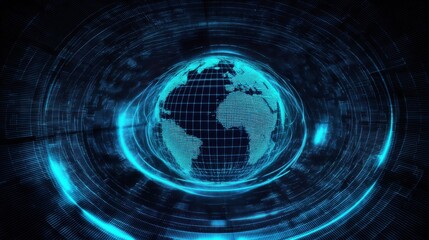 Fototapeta premium A glowing blue digital Earth globe with geometric grid patterns,