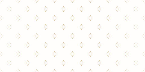 Simple golden minimalist background. Vector geometric seamless pattern with small diamond shapes, stars, flowers. Subtle gold and white shiny abstract texture. Minimal repeated design for wallpaper