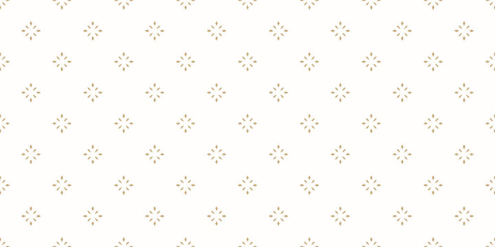 Simple golden minimalist background. Vector geometric seamless pattern with small diamond shapes, stars, flowers. Subtle gold and white shiny abstract texture. Minimal repeated design for wallpaper