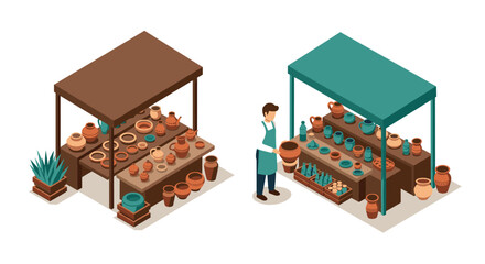 Isometric market stall display with pottery and handmade goods