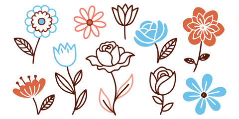 Whimsical hand-drawn flowers in various colors and styles for decorative use