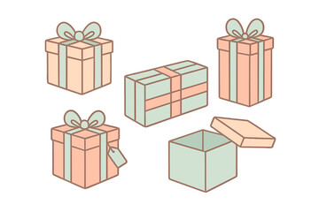 Collection of various pastel colored gift boxes wrapped with ribbons and bows for celebration and holidays
