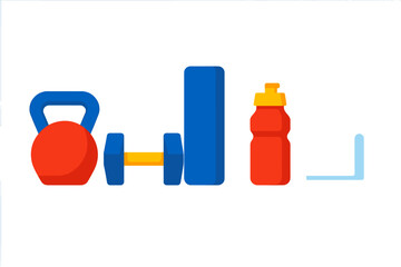 Vibrant set of essential fitness equipment including kettlebell and dumbbell