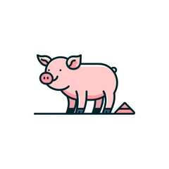Obraz premium Cartoon illustration of a cheerful pig standing next to a triangular shape on a white background