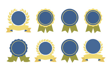 Set of eight blank circular award badges with decorative ribbons and laurel wreath elements
