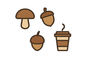 Warm autumn season collection featuring mushroom, acorns, and hot beverage cup