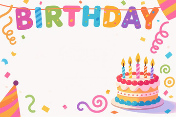 Vibrant illustration featuring a multi-layered birthday cake, party hat, and banner with confetti and swirls, on a white background.