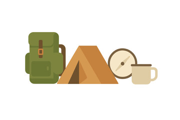 Flat style collection of essential camping gear including backpack, tent, and compass