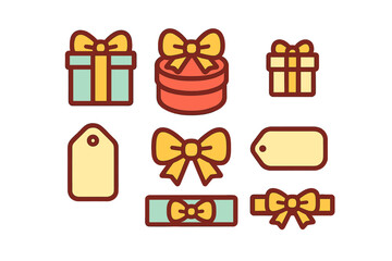 Colorful collection of gift boxes, decorative bows, ribbons, and blank tags
