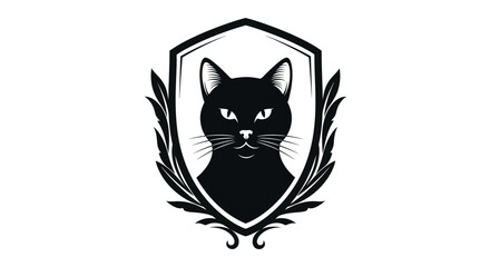 A stylized black cat portrait within a shield-shaped emblem, featuring detailed facial features.
