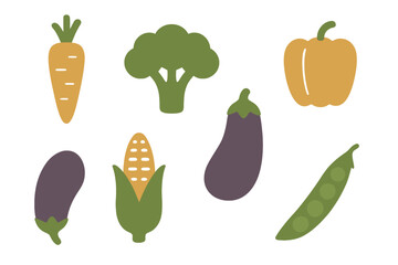 Collection of simple healthy garden vegetables: carrot, broccoli, corn, eggplant, and pepper